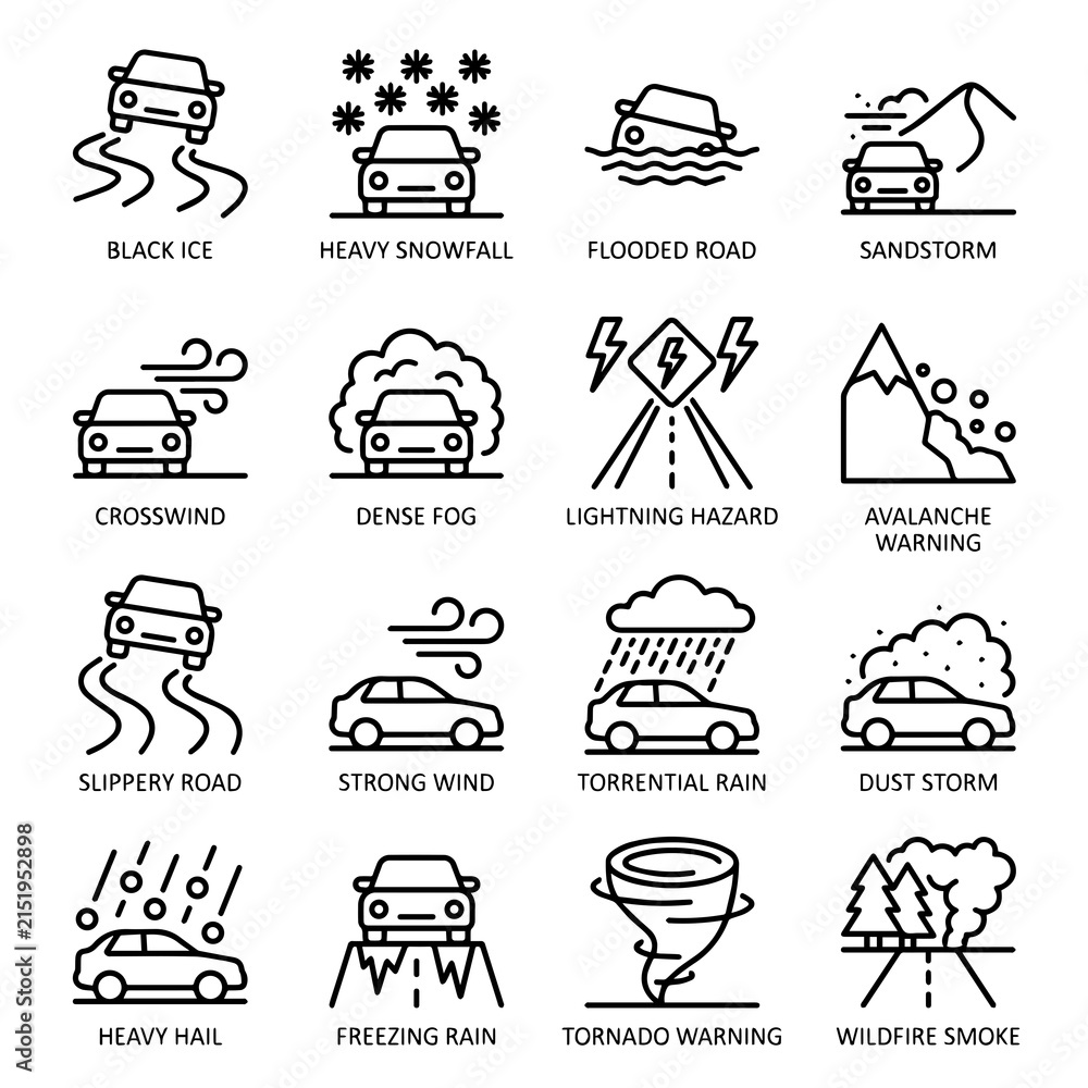 Obraz premium Sixteen black and white line illustrating various hazardous weather conditions and road safety warnings for drivers and commuters