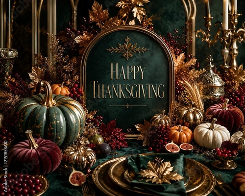 Luxury Happy Thanksgiving Autumn Celebration with Pumpkins, Berries and Gold Table Decor