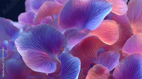 Abstract floral macro composition featuring vibrant radiant petals glowing with soft neon pink with delicate overlapping organic organic shapes illuminated