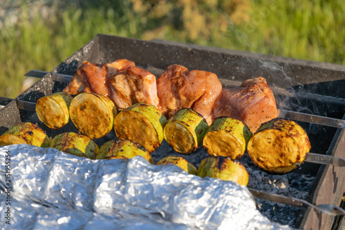 Delicious shish kebab and zucchini grilling on skewers over hot coals in a backyard grill. Meat and vegetables cooking outdoors during a sunny weekend picnic, preparing a tasty meal for family
