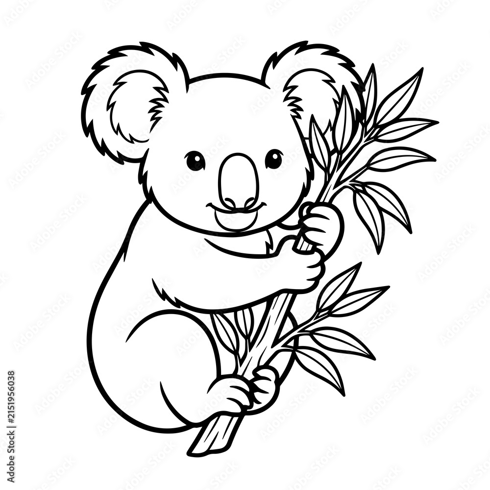 Naklejka premium A cute cartoon koala bear holding onto a leafy tree branch, simple black and white line for children coloring pages