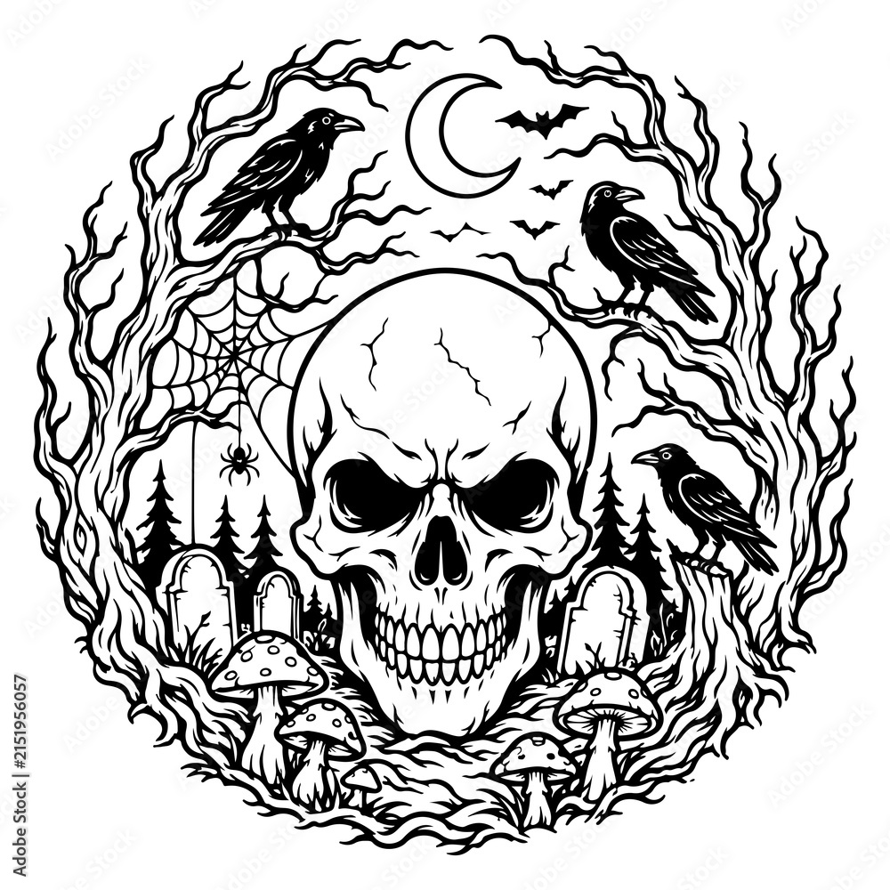 Fototapeta premium Gothic Skull and Ravens Graveyard Illustration – Dark Black and White Line Art with Trees, Spider Web, and Moon