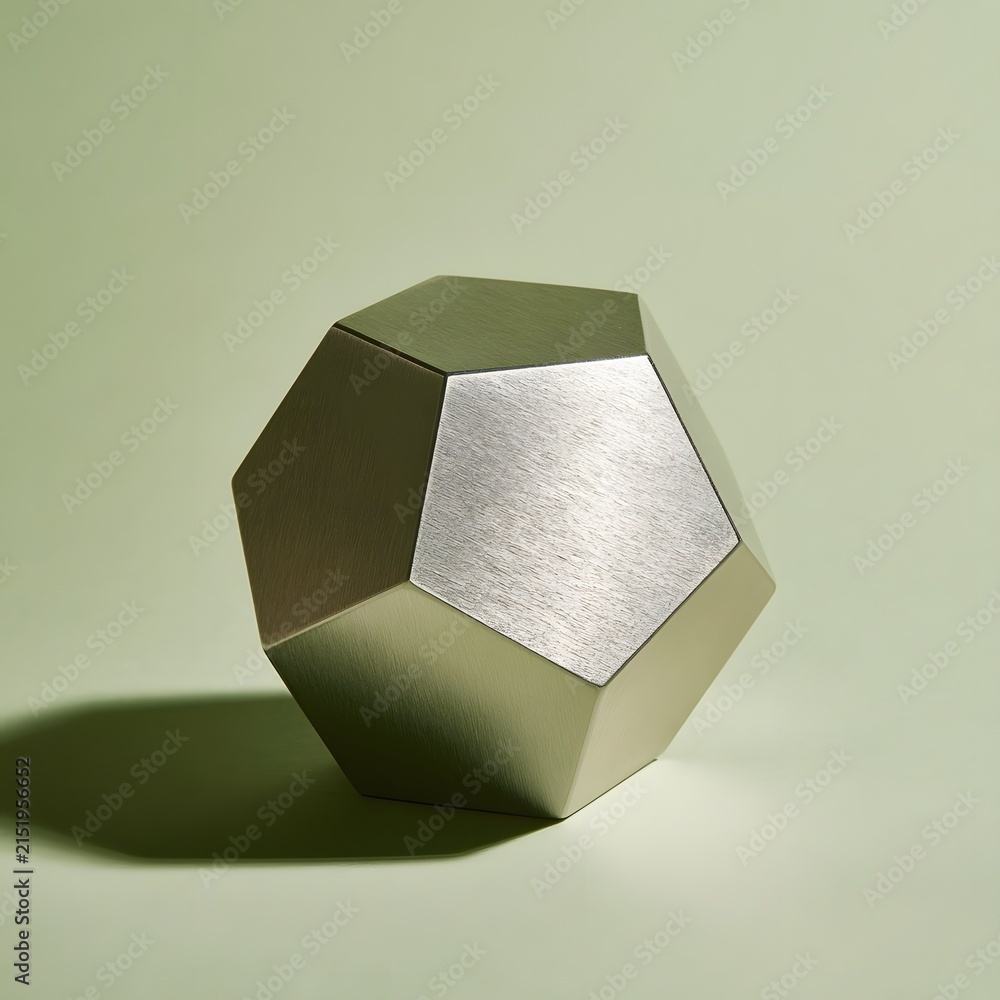 Fototapeta premium Brushed steel geometric paperweight on pale olive backdrop