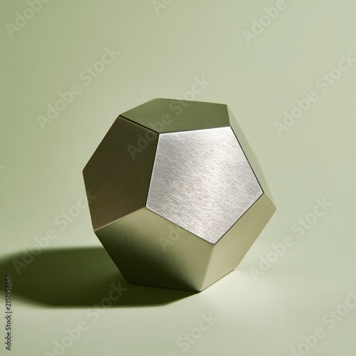 Brushed steel geometric paperweight on pale olive backdrop