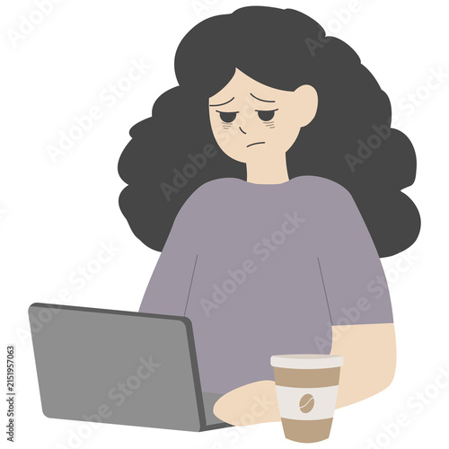 Tired woman working on laptop with coffee flat vector illustration