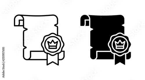 Scroll document icon set with crown seal on white background