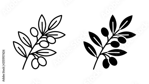 Set of Olive Branch Icons in Outline and Silhouette Styles