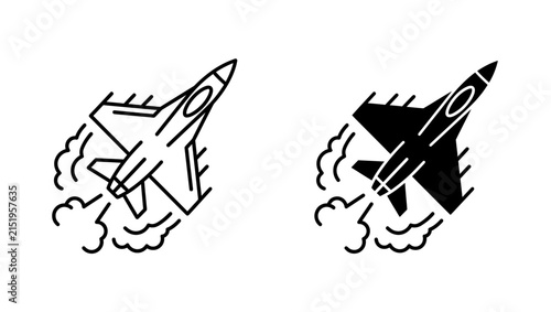 Set of fighter jet aircraft icons in line and silhouette