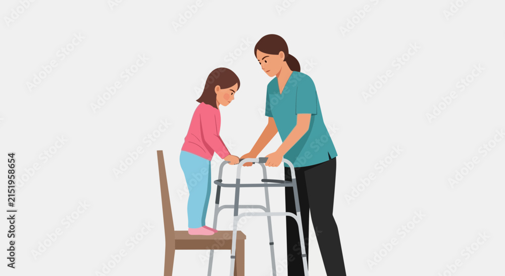 Fototapeta premium Nurse Helping Child Stand with Walker, Physical Therapy