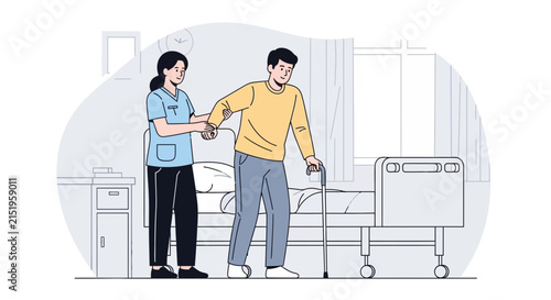 Nurse Assisting Elderly Man with Cane in Hospital Room
