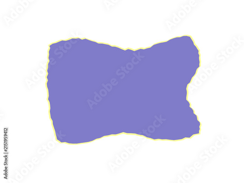 A purple torn paper shape with a yellow border on black background