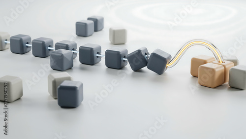 Connected series of grey cubes with golden link bridge connection transition geometric conceptual development progression abstract