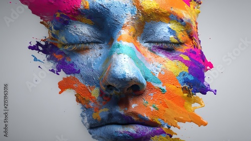 Human face covered in vibrant liquid paint splatters displays closed eyes and textured skin in this highly artistic colorful portrait