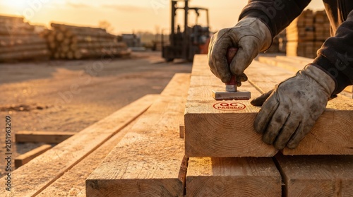 worker hands in gloves stamping qc passed on wooden planks. quality control, timber industry, construction material inspection concept. lumberyard at sunset. banner, website header, copyspace.