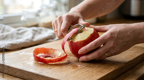 Hands peeling fresh red apple on wooden cutting board, healthy cooking, food preparation, kitchen activities, fresh fruit snack