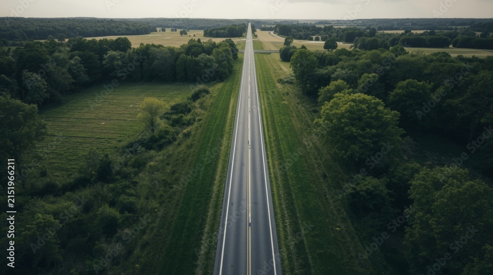 Fototapeta premium Empty highway extending through verdant countryside under clear skies with captures serene aerial