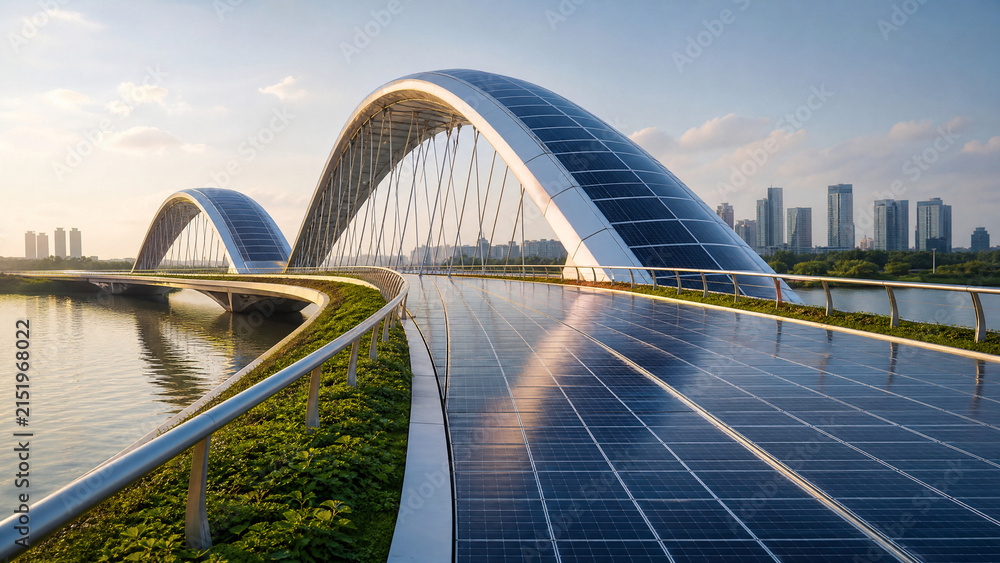 Fototapeta premium Modern solar bridge in city. Futuristic architecture with renewable energy panels.