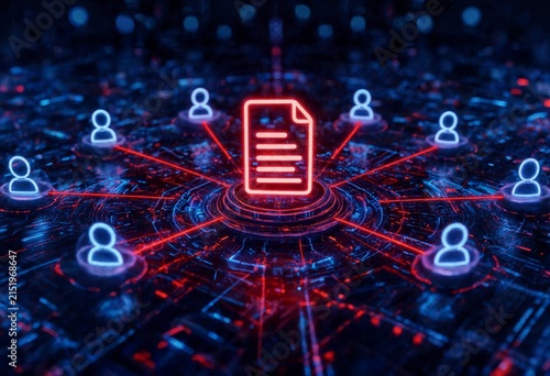 Abstract digital network connecting people around a glowing document, representing business communication, teamwork, collaboration, information sharing, data management, technology, and global connect