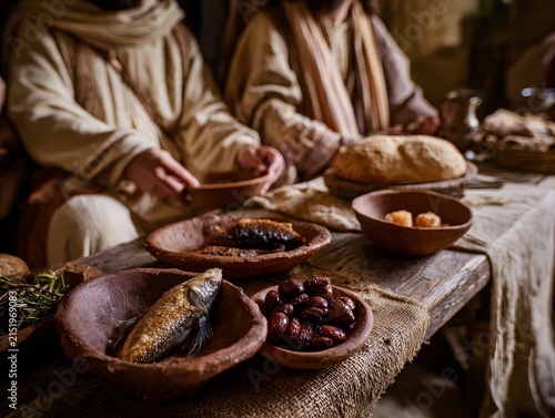 Ancient biblical meal scene with rustic clay dishes containing fish bread olives and dates on wooden table