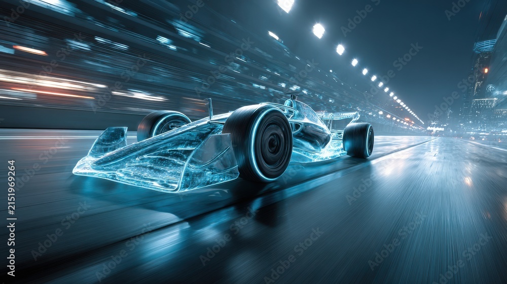Fototapeta premium Formula one race car speeding on a city street digitally rendered with glowing blue accents