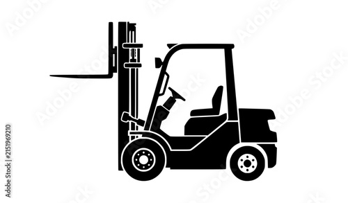 Fotografie Black forklift truck silhouette with raised forks and visible wheels isolated on