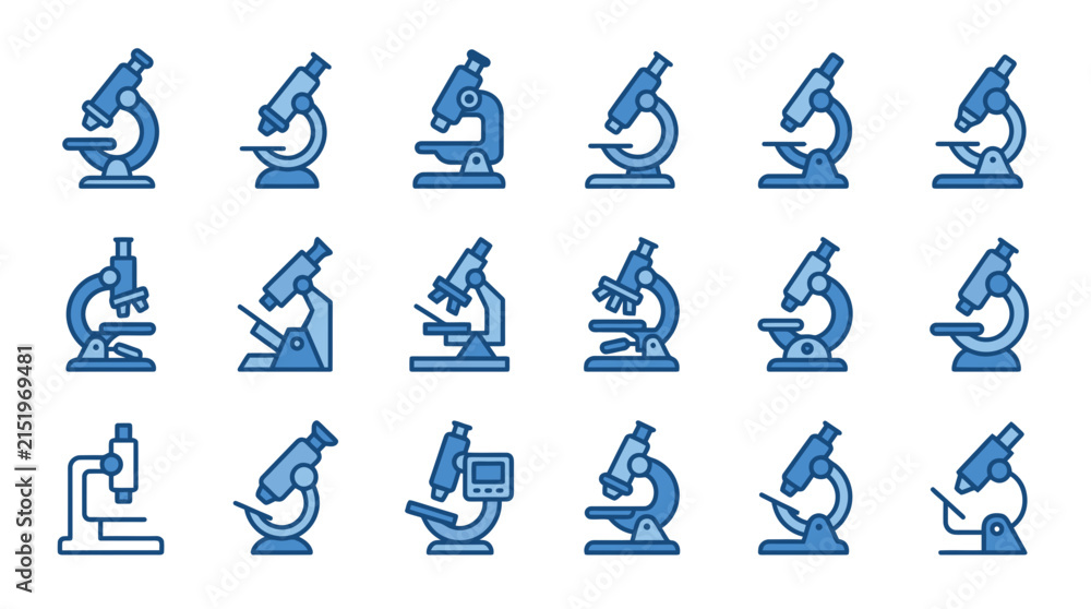 Obraz premium Blue scientific microscope icons for laboratory research.
