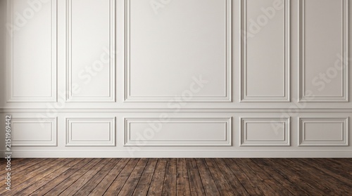 Classic White Boiserie Wall Molding Panel Mockup in Empty Room with Dark Rustic Wooden Floor