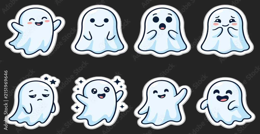 Fototapeta premium Cute Cartoon Ghost Stickers Set Halloween Spooky Emoticon Character Vector.