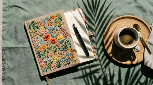 Open floral notebook with a fountain pen and a cup of coffee on a wooden tray with palm tree leaf shadows on the table