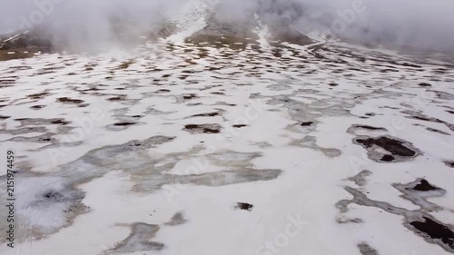 Aerial view of Campocatino ski resort in winter fog, Italy