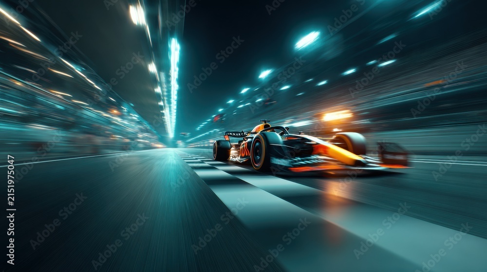 Fototapeta premium Formula 1 race car speeding on a racetrack dynamic motion blur photograph with vibrant lighting