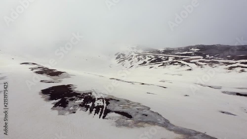 Aerial view of Campocatino ski resort in winter fog, Italy