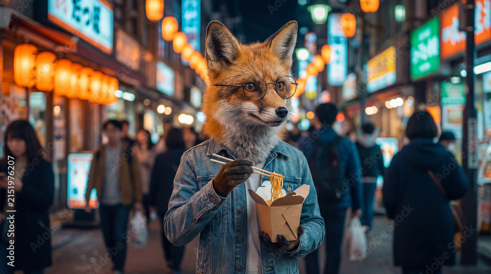 Fototapeta premium Fox eating in market, creative anthropomorphic lifestyle scene showing animal welfare, responsible care, wellbeing, humane values, education, community awareness, supporting responsible care education