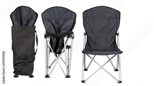 Black folding camping chair with silver metal frame and carry bag