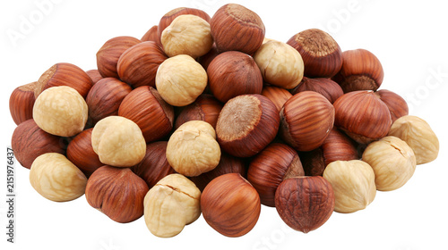 Pile of whole hazelnuts and shelled hazelnuts