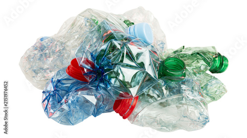 Crushed plastic bottles with colorful caps, recycling concept