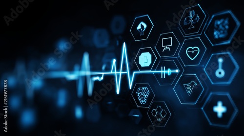 Glowing blue heartbeat pulse line moves across digital hexagonal icons representing modern medical technology and data science research analytics charts