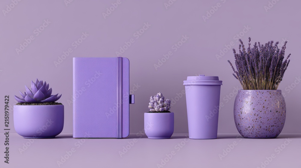 Naklejka premium Lavender monochromatic arrangement featuring a notebook potted succulents travel cup and floral vase purple still