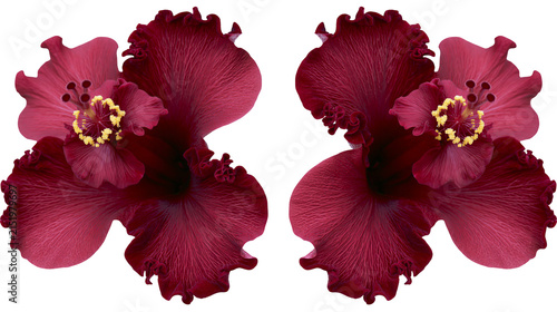 Konstfotografi Two deep red hibiscus flowers with ruffled petals and yellow stamens