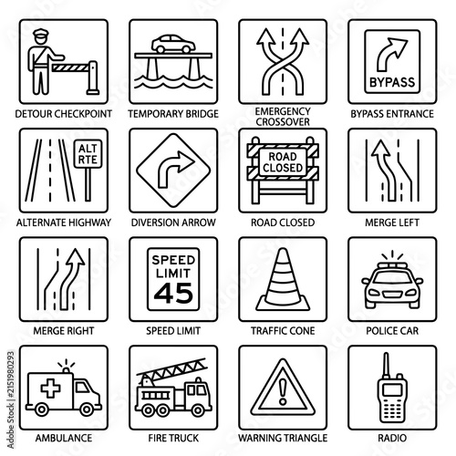 Set of sixteen black and white outline representing various road traffic safety signs, emergency vehicles, and highway infrastructure