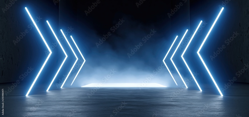 Fototapeta premium Vibrant blue neon arrows illuminate a dark interior, leading to a glowing misty center with a sleek futuristic vibe.
