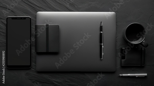 Desktop with notepad pen phone and similar top view. Generative AI.