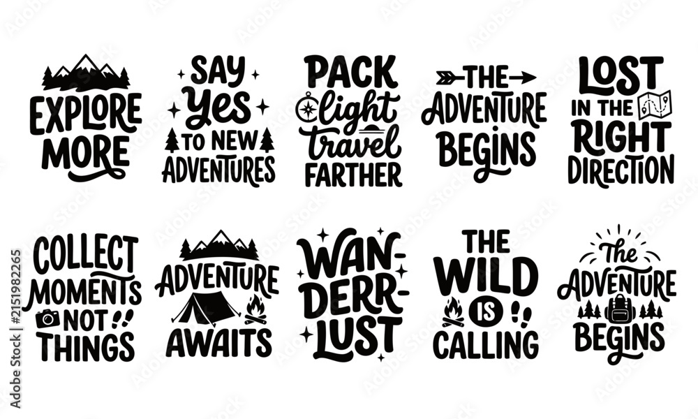 Obraz premium Adventure travel quotes collection black vector illustration on white background
