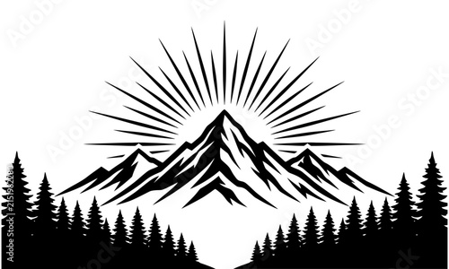 Mountain range silhouette with sunburst and evergreen forest below