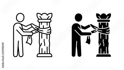 Person wrapping a ribbon around a decorative column icon set