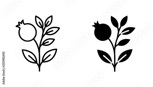 Pomegranate fruit and leaf branch line art and solid icons