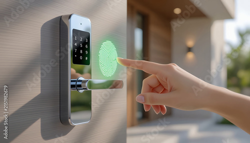Close Up Hand Touching Smart Door Lock With Biometric Fingerprint Scan Graphic