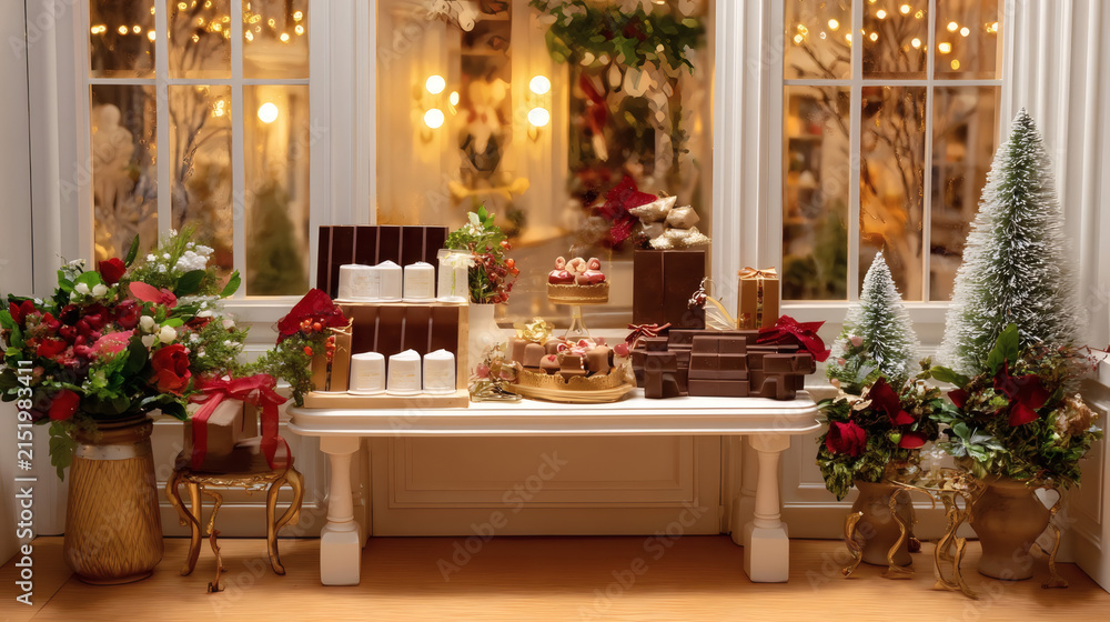 Obraz premium Festive Christmas dessert table with chocolates, cakes, wrapped gifts, flowers, and decorated trees by a window. Warm, cozy holiday atmosphere with gold and red accents.