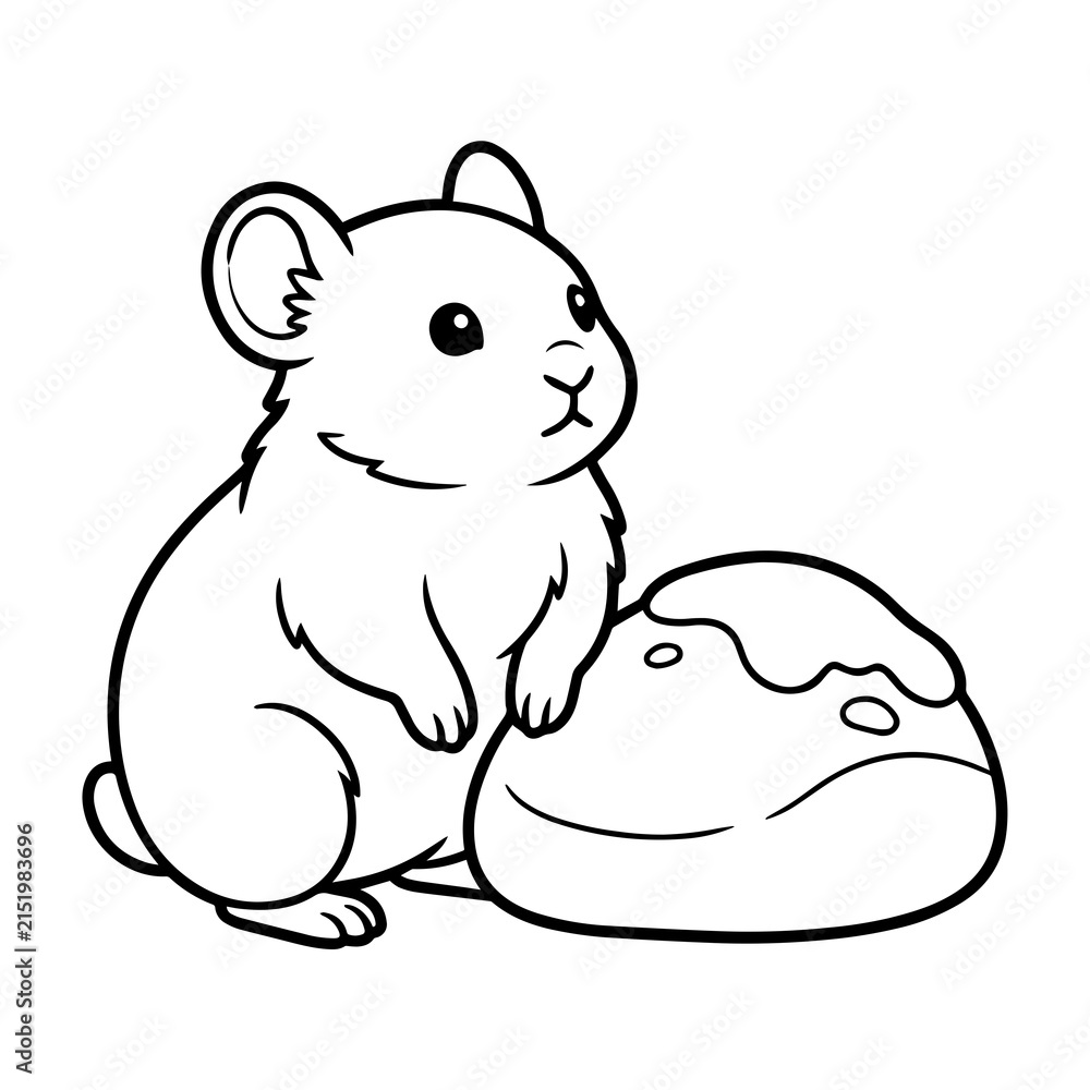 Obraz premium A cute cartoon hamster standing beside a small round loaf of bread, simple black and white line for coloring book, white background