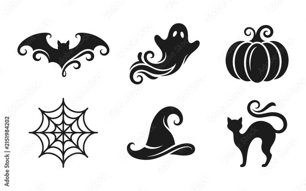 Fototapeta premium A spooky collection of classic halloween icons including a bat ghost pumpkin spiderweb witch's hat and black cat perfect for seasonal designs and festive celebrations